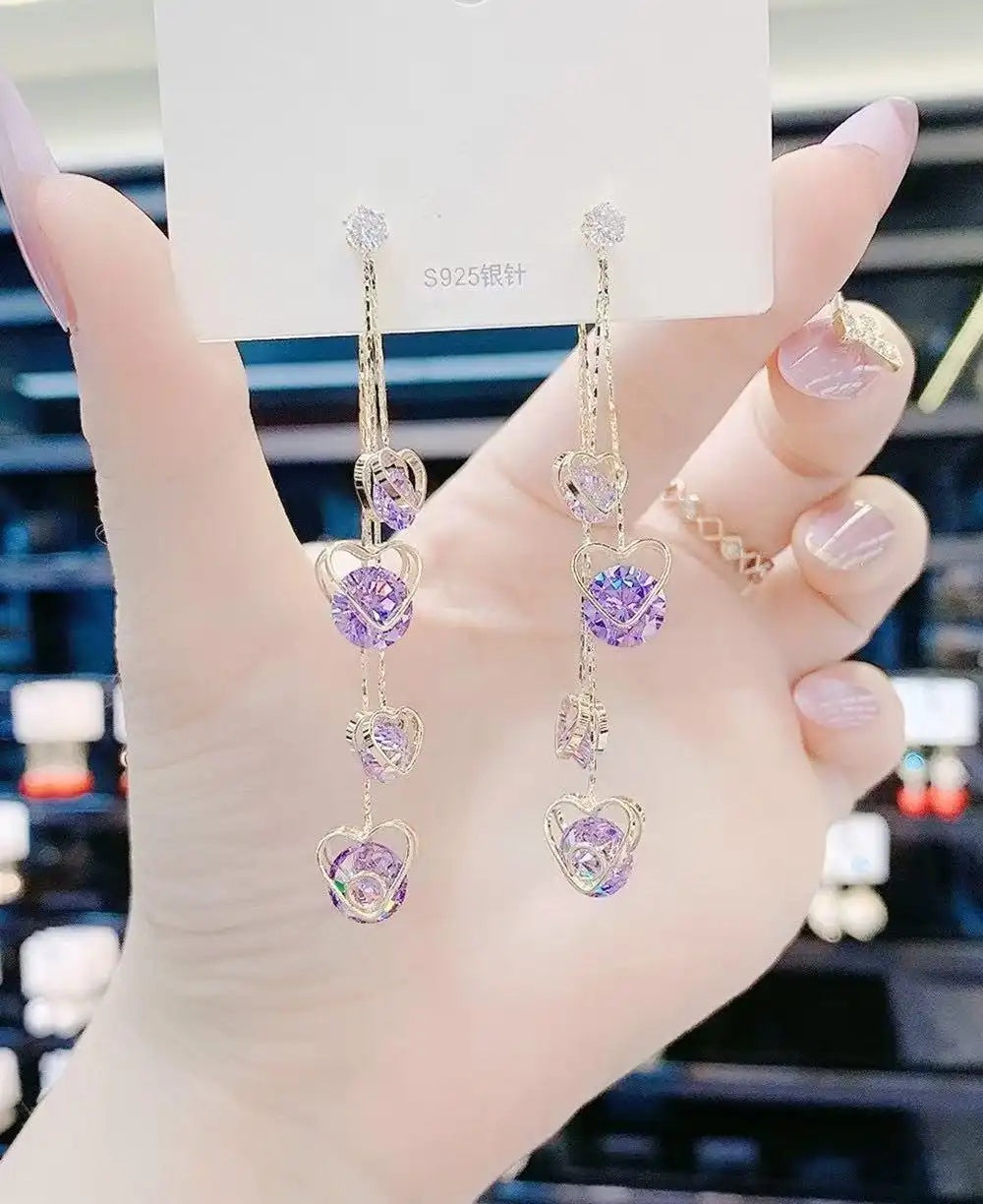 Korean Purple Crystal Heart Tassel Drop Earrings
