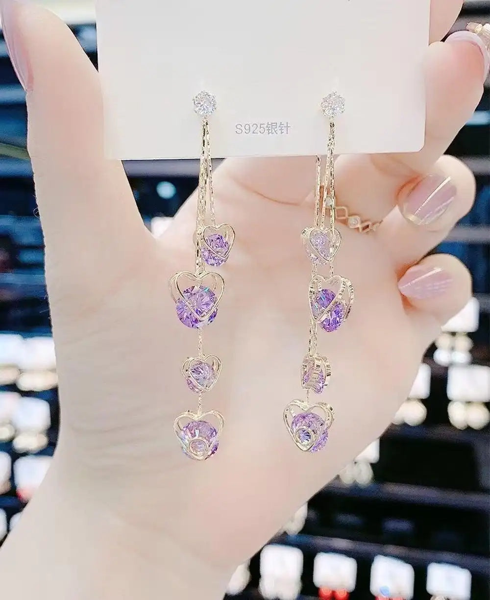 Korean Purple Crystal Heart Tassel Drop Earrings