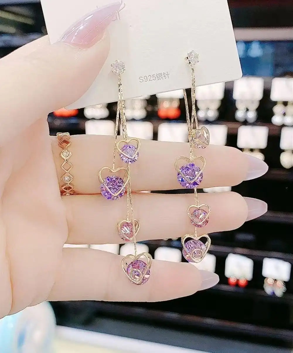 Korean Purple Crystal Heart Tassel Drop Earrings