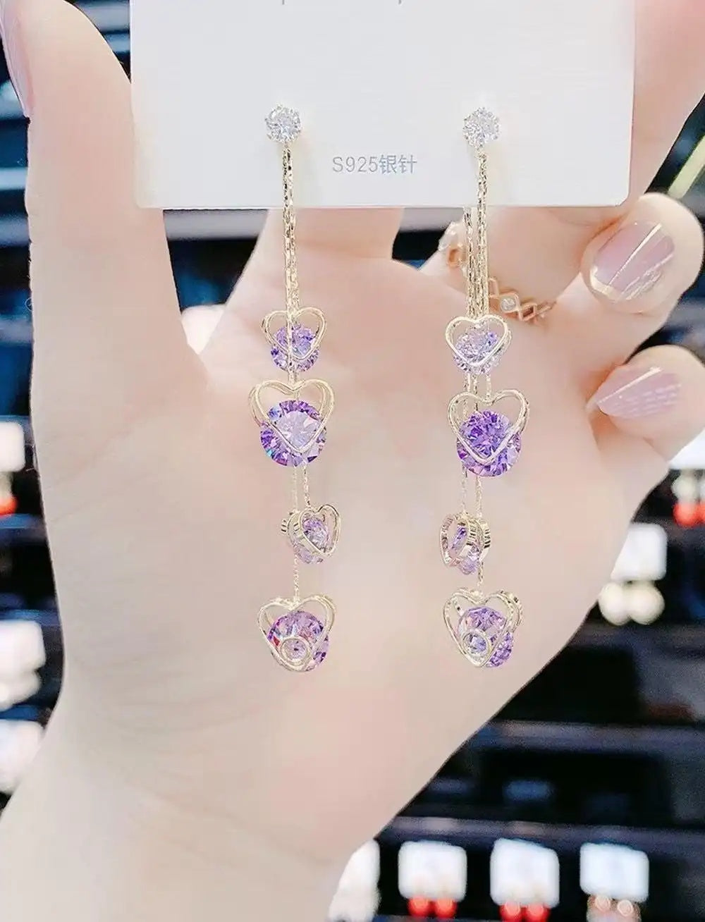 Korean Purple Crystal Heart Tassel Drop Earrings