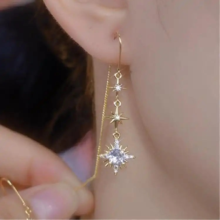 Korean Version Crystal Eight Pointed Drop Earrings