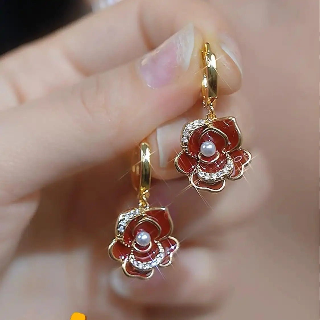 Korean Vintage Camellia Crystal Minimalist Stud Earrings