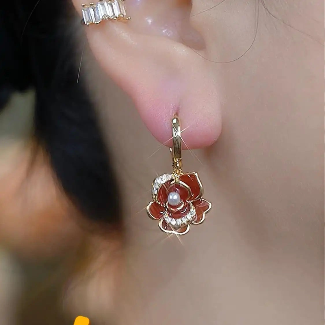 Korean Vintage Camellia Crystal Minimalist Stud Earrings
