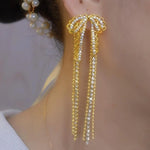 Lace Bow Long Tassel Two Drop Earrings