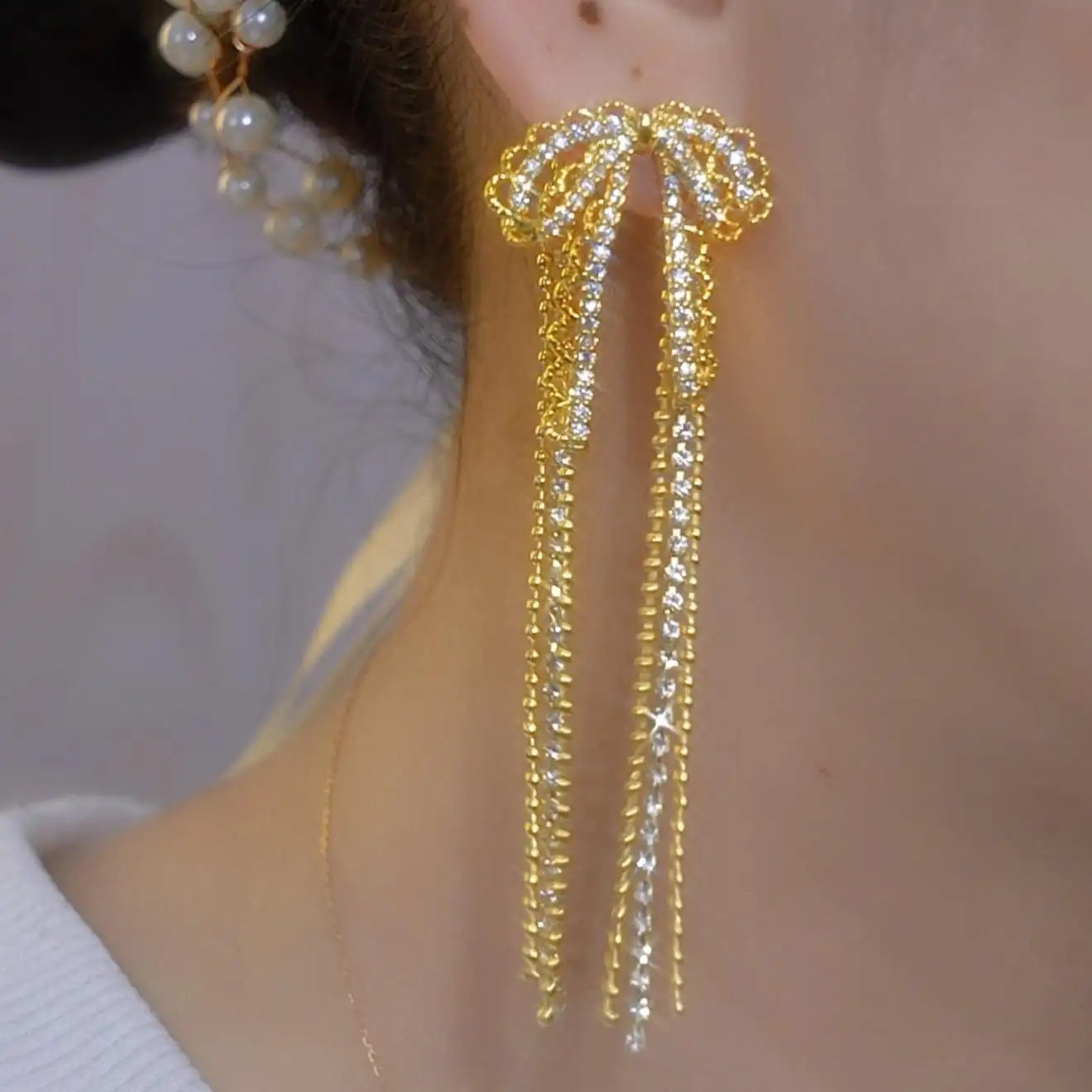 Lace Bow Long Tassel Two Drop Earrings