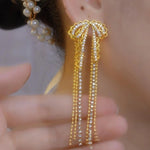 Lace Bow Long Tassel Two Drop Earrings
