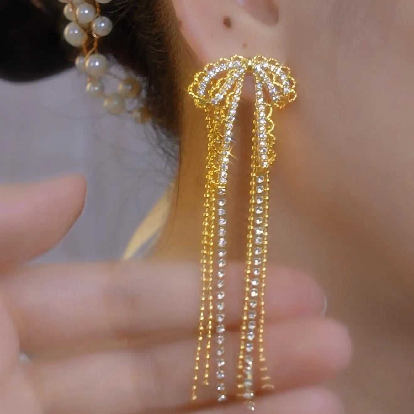 Lace Bow Long Tassel Two Drop Earrings
