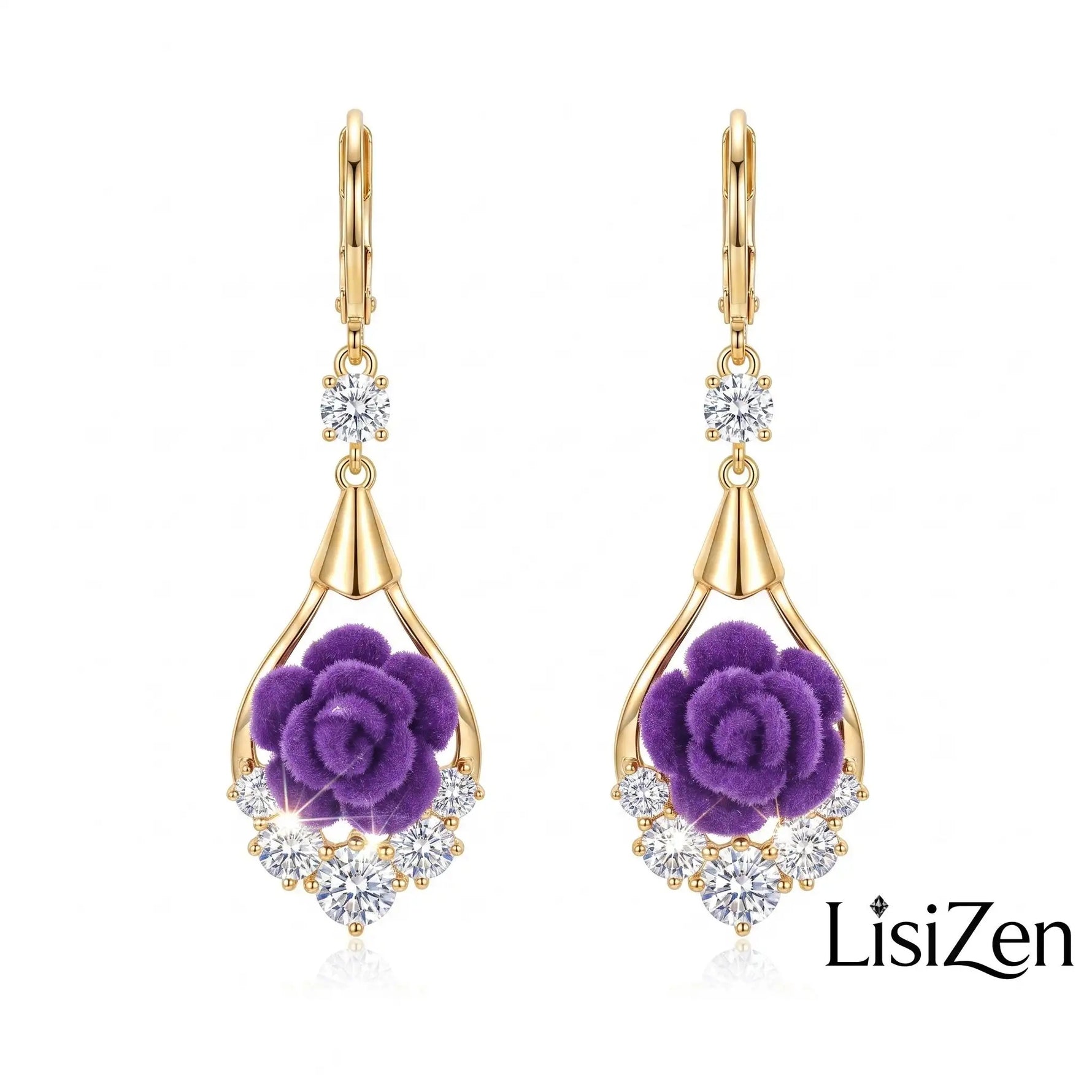Large Purple Rose Crystal Drop Earrings
