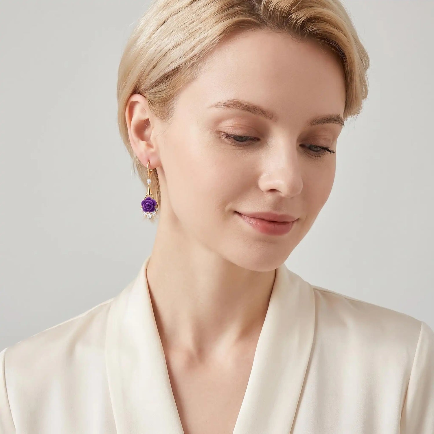 Large Purple Rose Crystal Drop Earrings