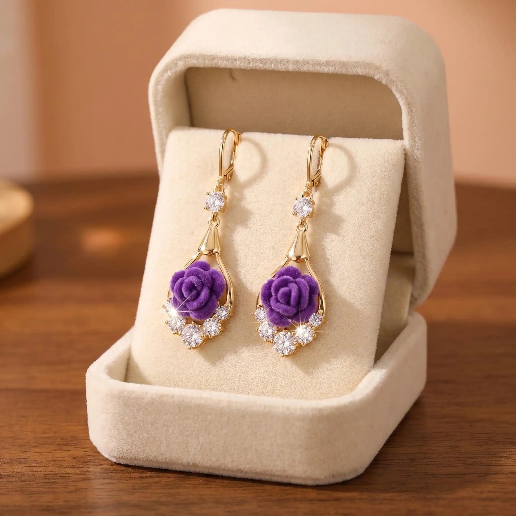 Large Purple Rose Crystal Drop Earrings
