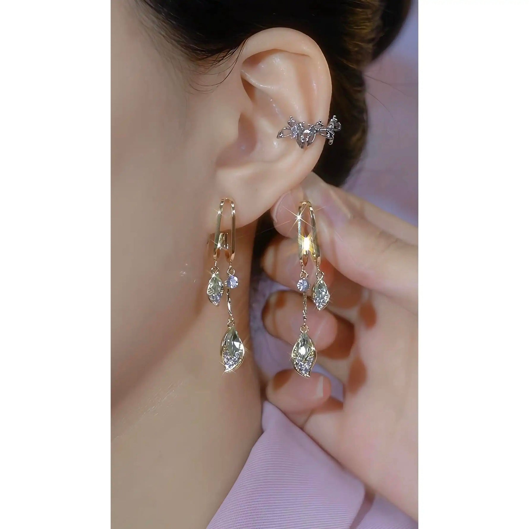 Leaf Crystal Tassel Drop Earrings