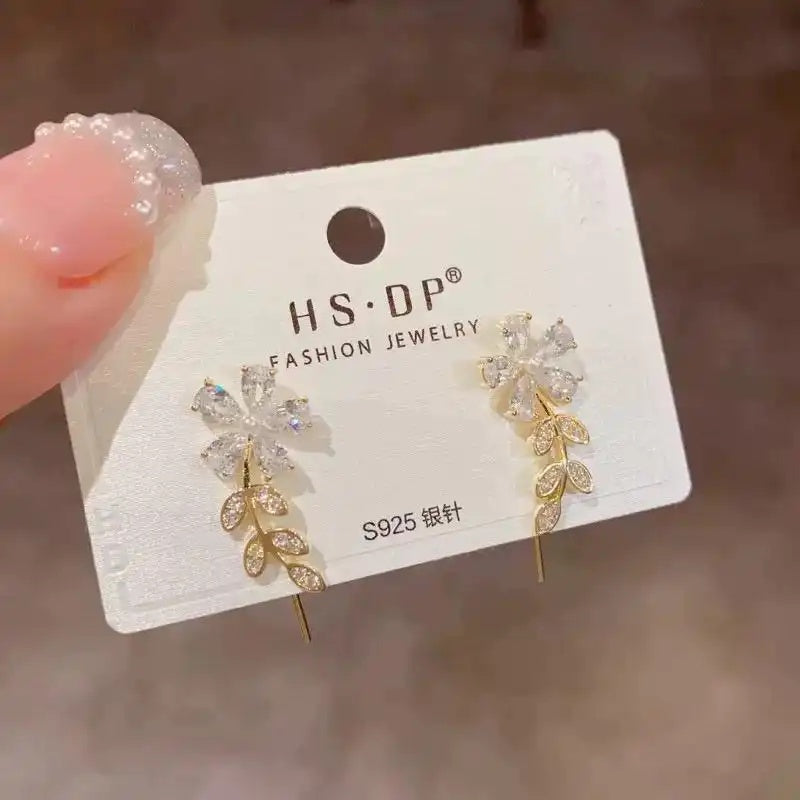 Leaf Petal Crystal Cluster Earrings