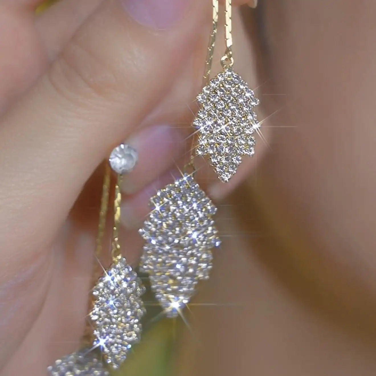 Leaf Tassel Crystal Drop Earrings