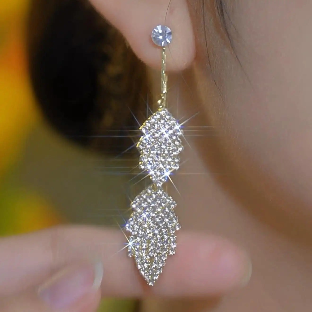 Leaf Tassel Crystal Drop Earrings