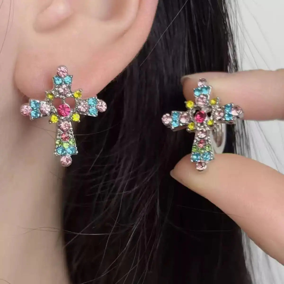 Light Diamond Cross Colorful Retro Earrings
