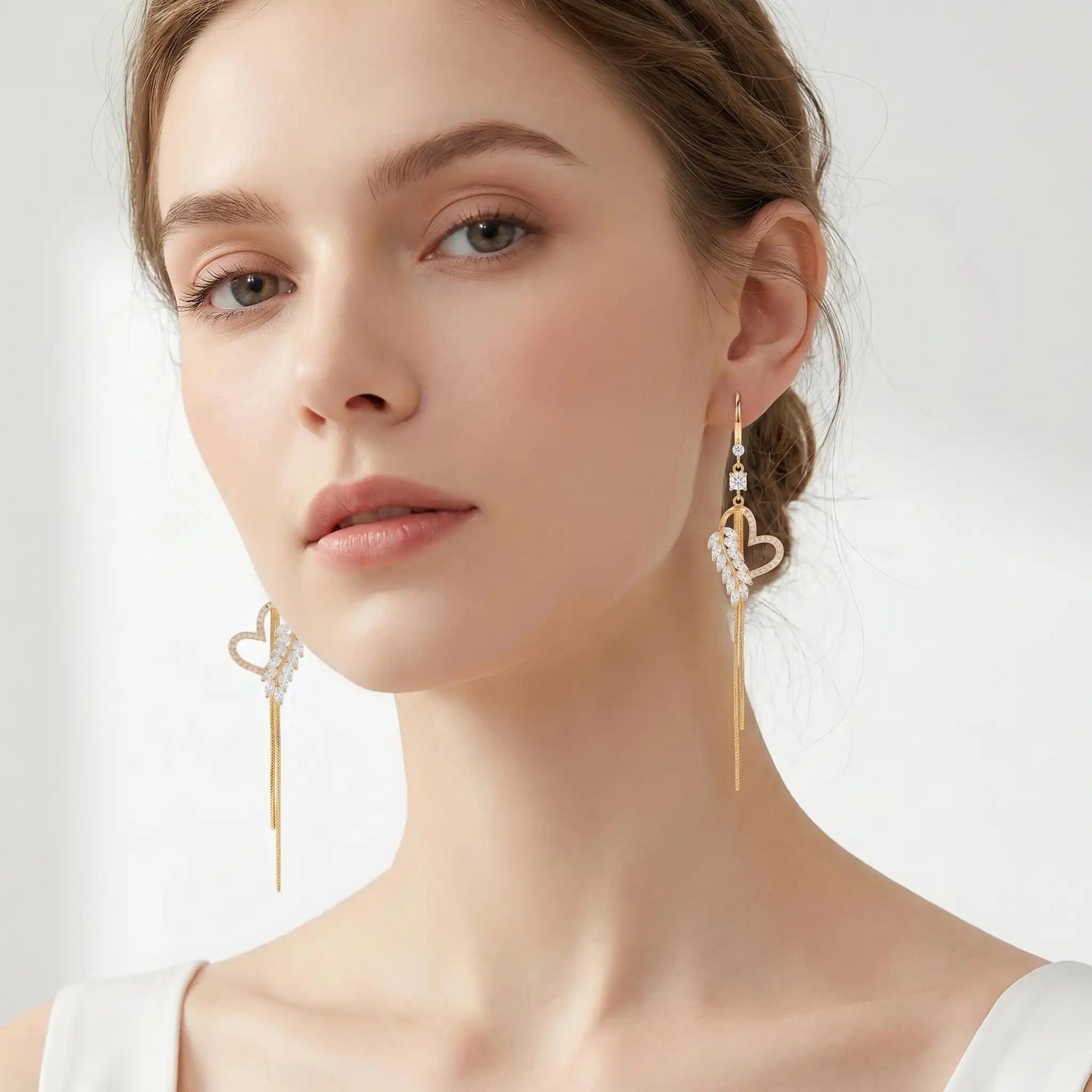 Lightweight Crystal Heart Long Tassel Drop Earrings