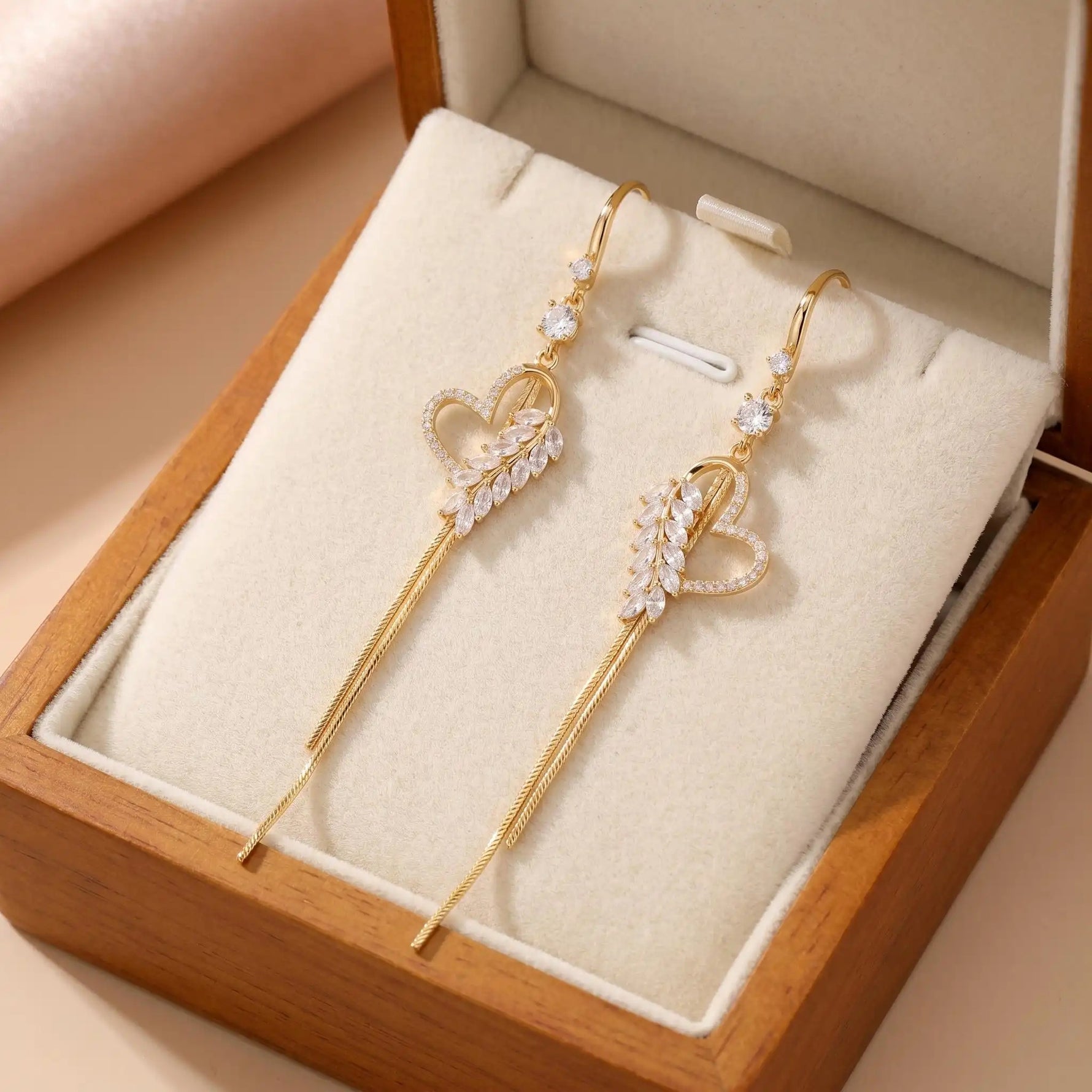 Lightweight Crystal Heart Long Tassel Drop Earrings
