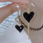 Long Asymmetrical Black Heart Tassel Drop Earrings
