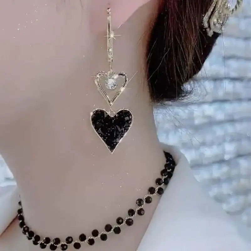 Long Asymmetrical Black Heart Tassel Drop Earrings