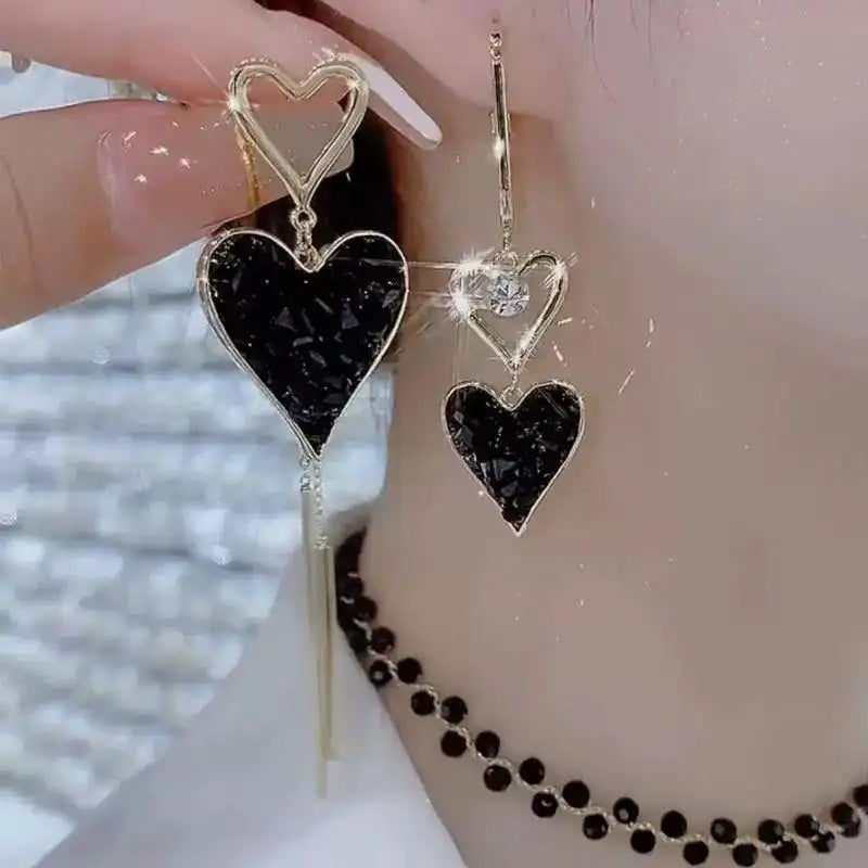 Long Asymmetrical Black Heart Tassel Drop Earrings