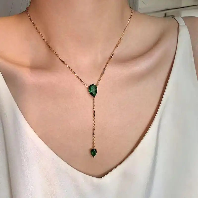 Long Emerald Fire Sparkle Gemstone Pendant Necklace