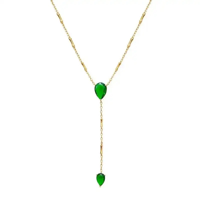 Long Emerald Fire Sparkle Gemstone Pendant Necklace