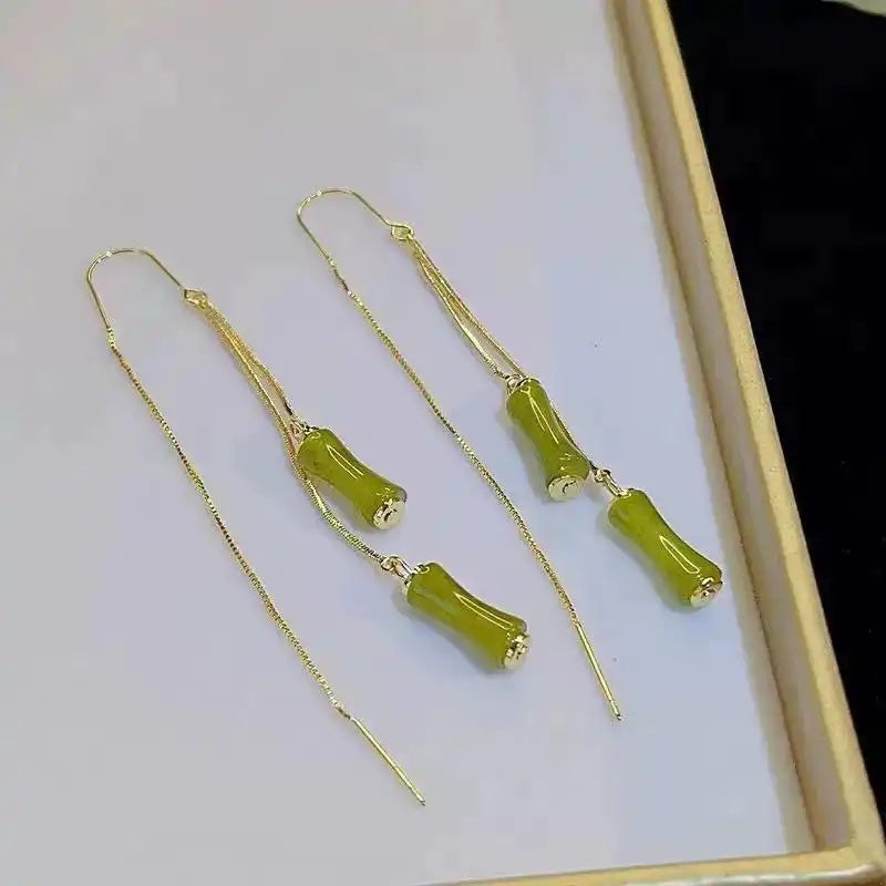 Long Green Bamboo Joint Tassel Drop Earrings