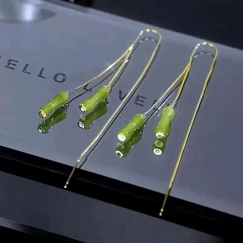 Long Green Bamboo Joint Tassel Drop Earrings