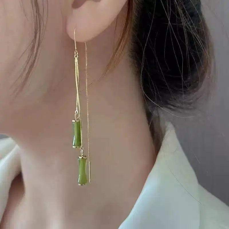 Long Green Bamboo Joint Tassel Drop Earrings