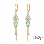 Long Green Leaf Clip-On Tassel Drop Earrings