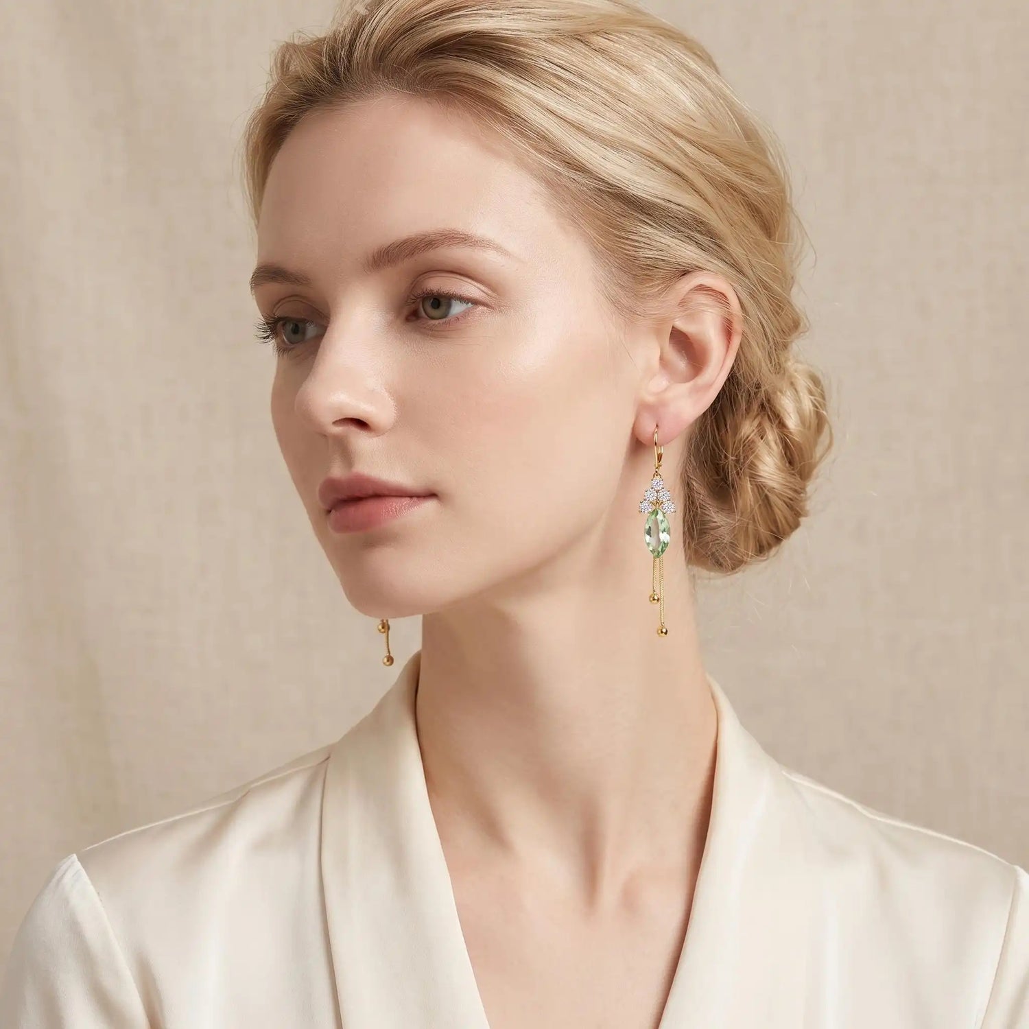 Long Green Leaf Clip-On Tassel Drop Earrings