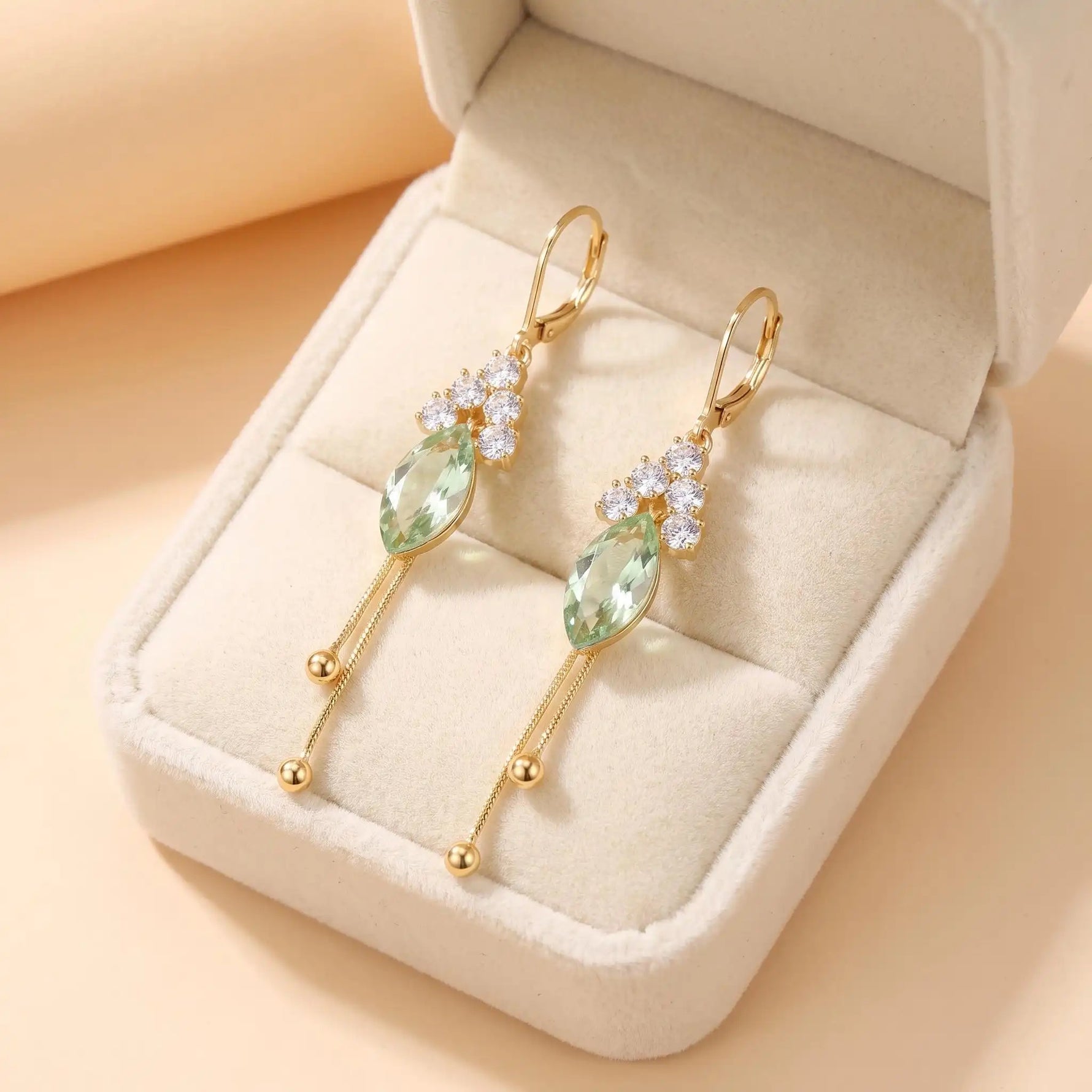 Long Green Leaf Clip-On Tassel Drop Earrings