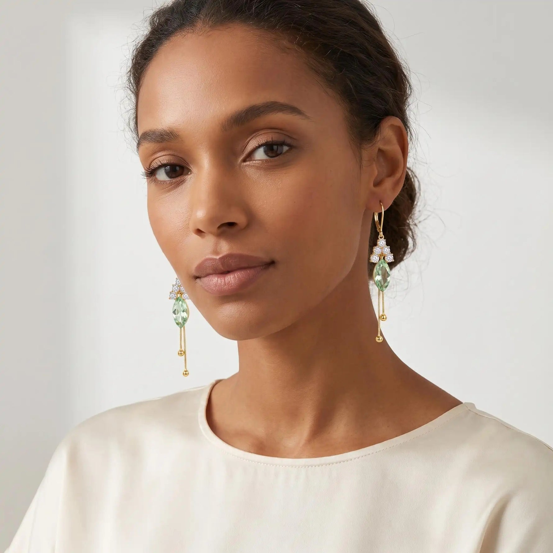 Long Green Leaf Clip-On Tassel Drop Earrings