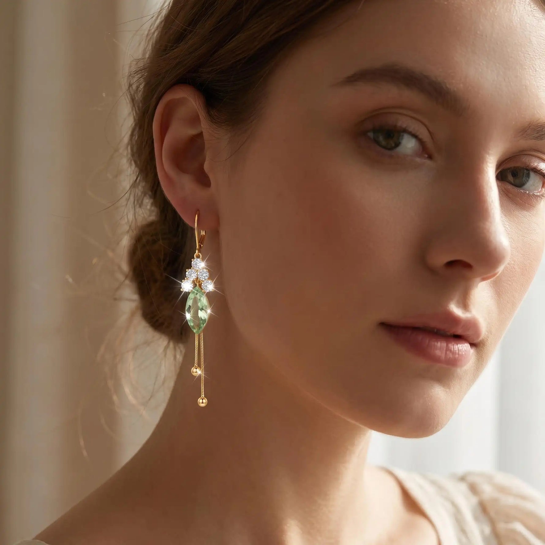 Long Green Leaf Clip-On Tassel Drop Earrings