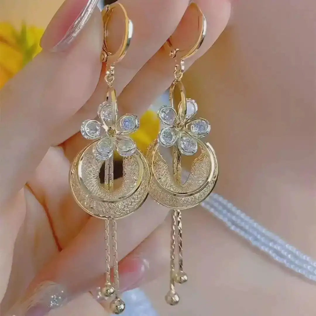 Long Mesh Flower Tassel Ball Drop Earrings