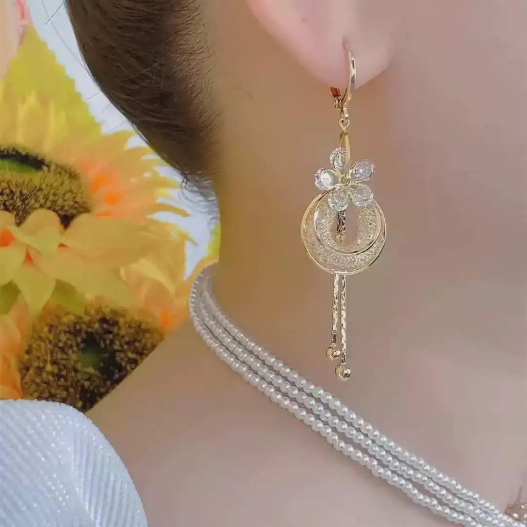 Long Mesh Flower Tassel Ball Drop Earrings
