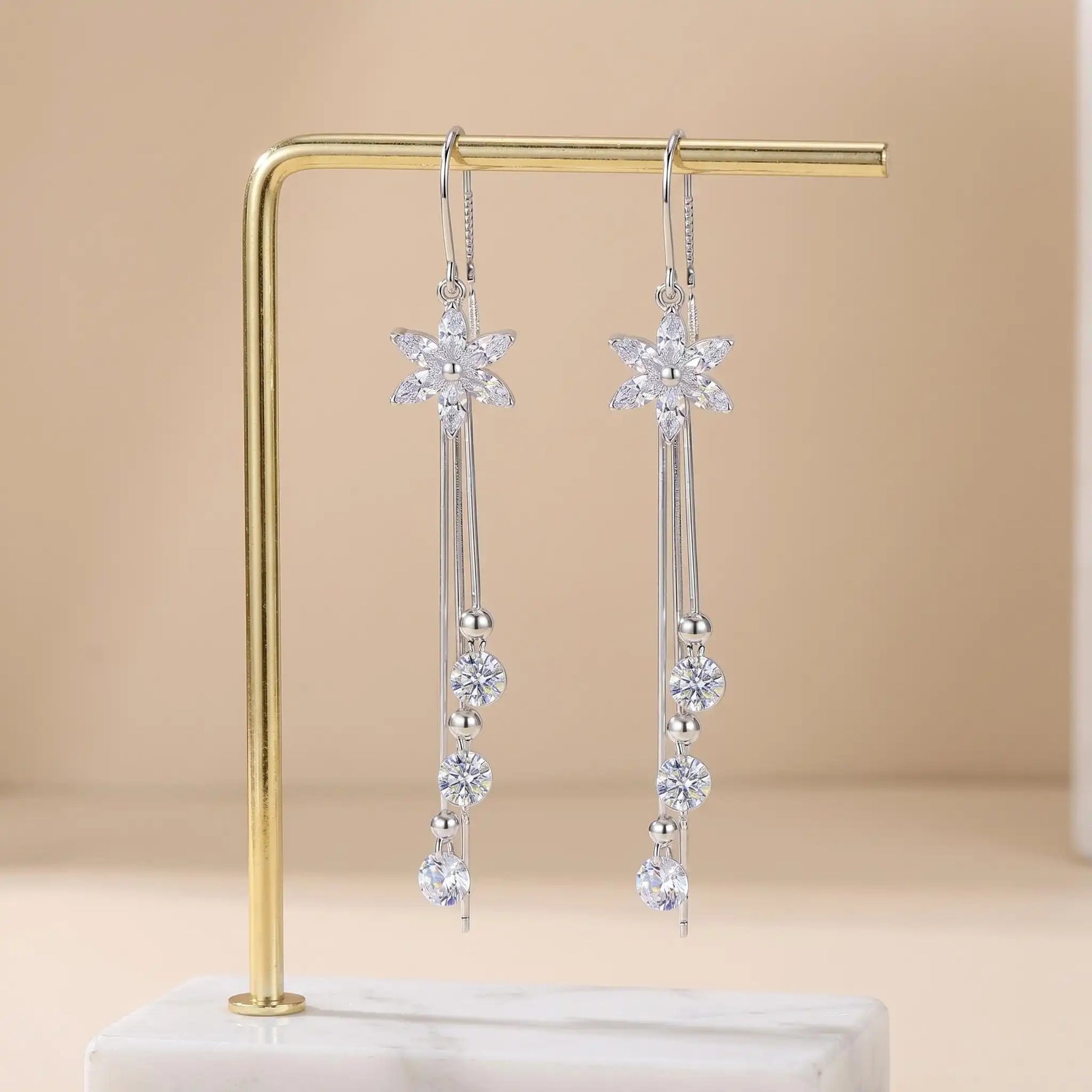 Long Small Flower Tassel Drop Earrings