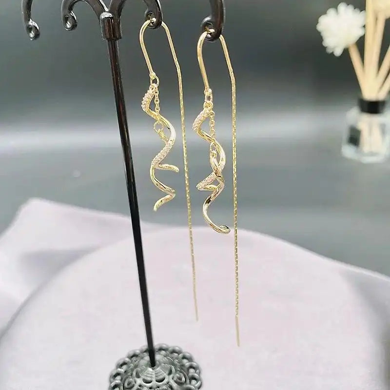 Long Spiral Crystal Drop Earrings