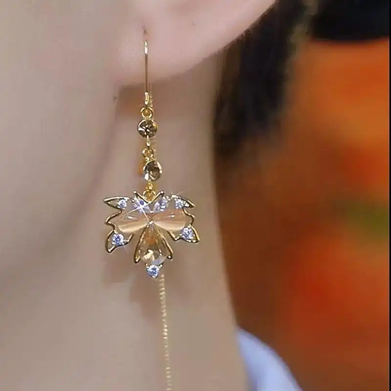 Maple Leaf Tassel Coffee Color Drop Earrings