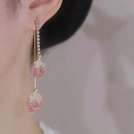 Mesh Pink Crystal Tassel Drop Earrings