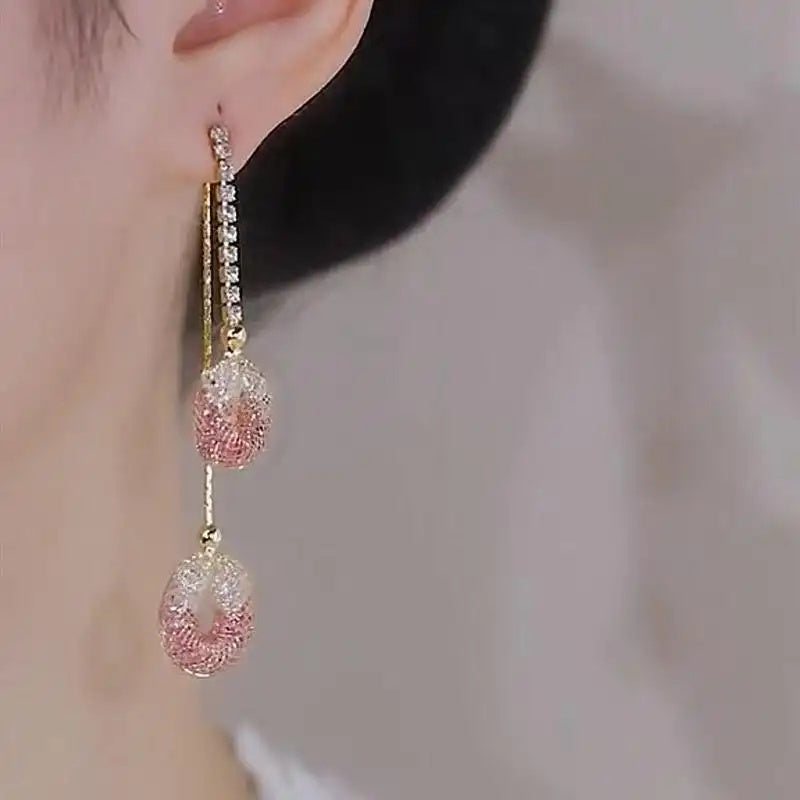 Mesh Pink Crystal Tassel Drop Earrings