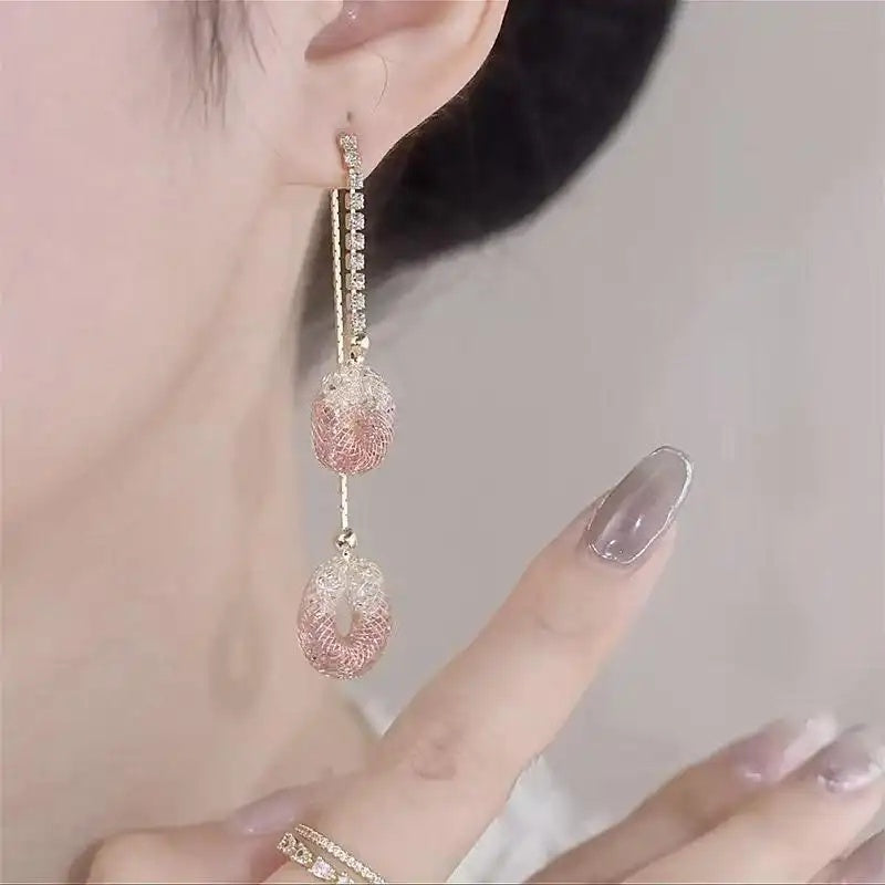 Mesh Pink Crystal Tassel Drop Earrings
