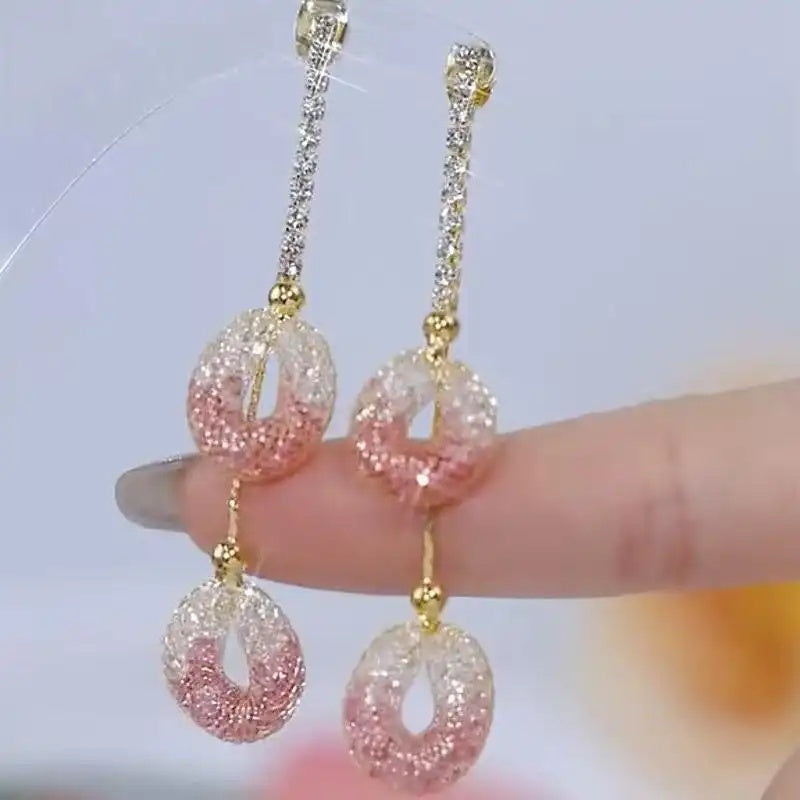 Mesh Pink Crystal Tassel Drop Earrings