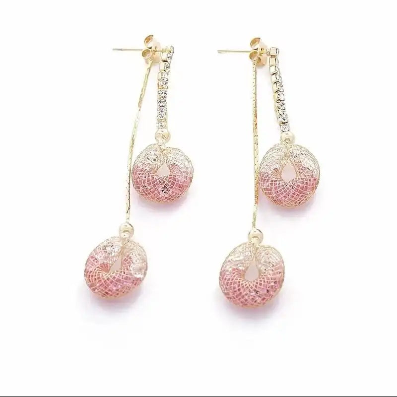 Mesh Pink Crystal Tassel Drop Earrings