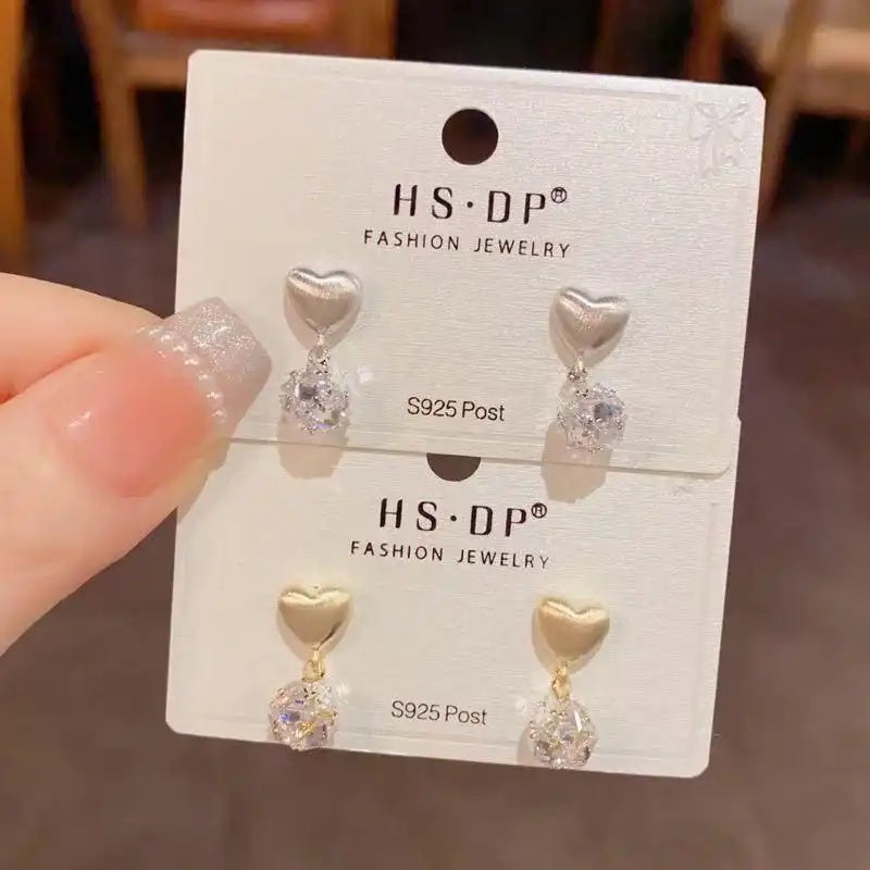 Metal Brushed Heart Crystal Earrings