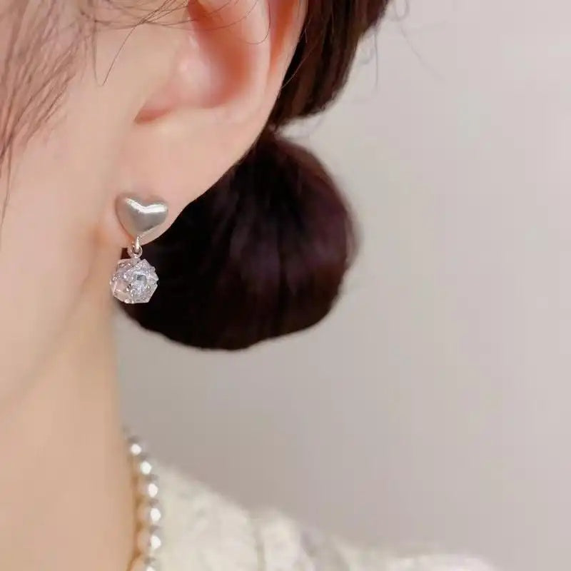 Metal Brushed Heart Crystal Earrings