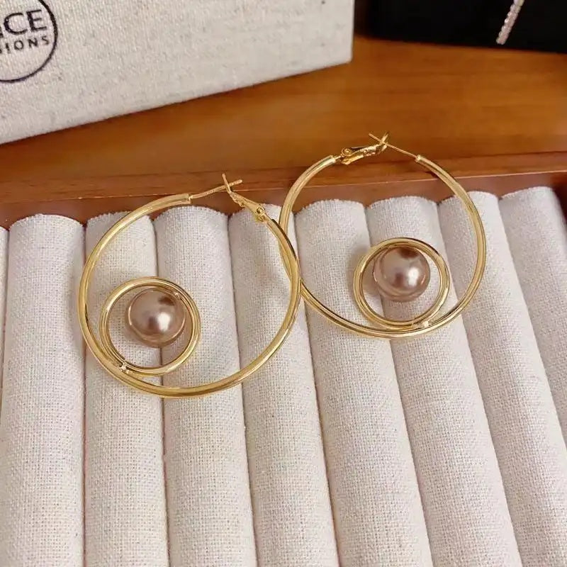 Metal Circle Pearl Hoop Earrings