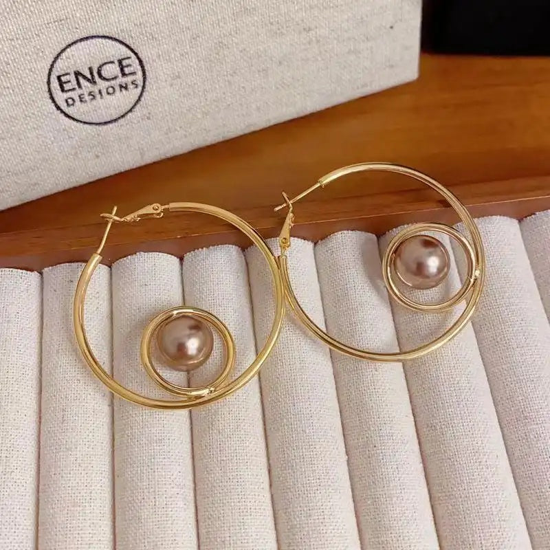 Metal Circle Pearl Hoop Earrings