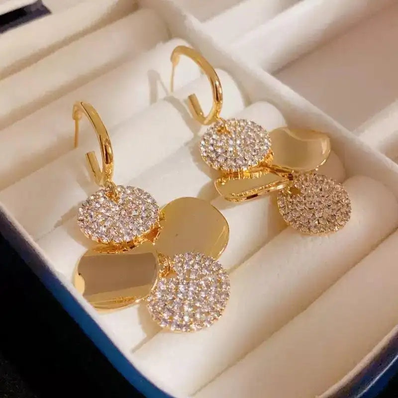 Metal Disc Crystal Tassel Drop Earrings