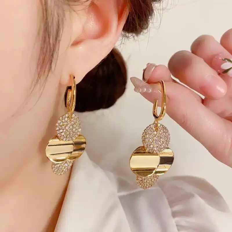 Metal Disc Crystal Tassel Drop Earrings